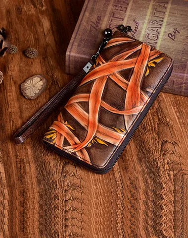Handmade Bracketplant Red Leather Wristlet Wallet Womens Zip Around Wallets Flowers Ladies Zipper Clutch Wallet for Women