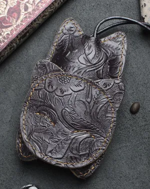Handmade Car Key Wallet Vintage Leather Wallet Cat Kitty Cute Carved Floral Leather Accessories Gift For Men Women