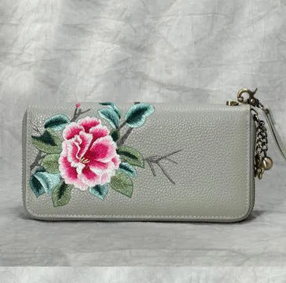 Handmade Embroidery Green Leather Peony Wristlet Wallet Womens Zip Around Wallets Flowers Peony Ladies Zipper Clutch Wallet for Women