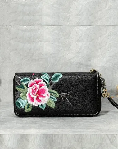 Handmade Embroidery Green Leather Peony Wristlet Wallet Womens Zip Around Wallets Flowers Peony Ladies Zipper Clutch Wallet for Women