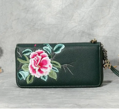 Handmade Embroidery Green Leather Peony Wristlet Wallet Womens Zip Around Wallets Flowers Peony Ladies Zipper Clutch Wallet for Women