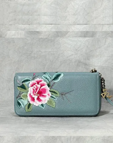 Handmade Embroidery Green Leather Peony Wristlet Wallet Womens Zip Around Wallets Flowers Peony Ladies Zipper Clutch Wallet for Women