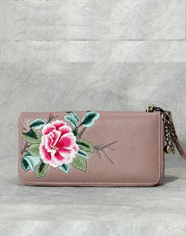 Handmade Embroidery Green Leather Peony Wristlet Wallet Womens Zip Around Wallets Flowers Peony Ladies Zipper Clutch Wallet for Women