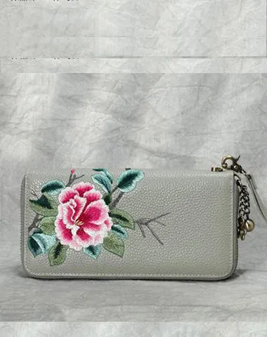 Handmade Embroidery Green Leather Peony Wristlet Wallet Womens Zip Around Wallets Flowers Peony Ladies Zipper Clutch Wallet for Women