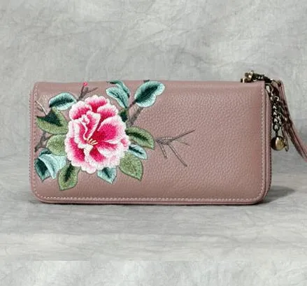 Handmade Embroidery Green Leather Peony Wristlet Wallet Womens Zip Around Wallets Flowers Peony Ladies Zipper Clutch Wallet for Women