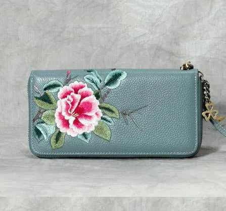 Handmade Embroidery Green Leather Peony Wristlet Wallet Womens Zip Around Wallets Flowers Peony Ladies Zipper Clutch Wallet for Women