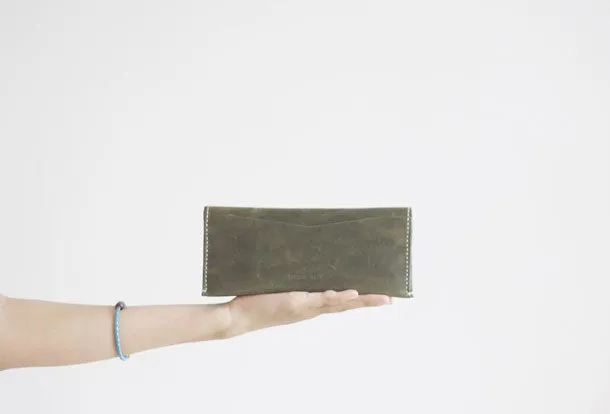 Handmade leather dark green clutch purse long wallet purse clutch women