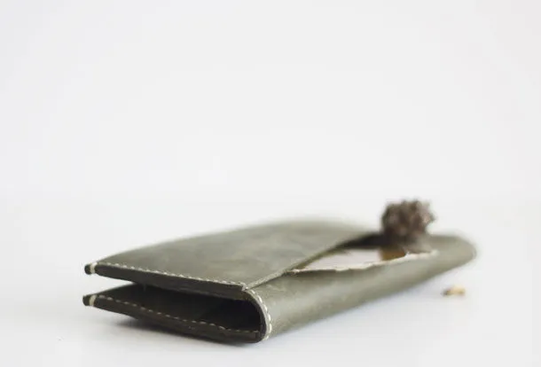 Handmade leather dark green clutch purse long wallet purse clutch women