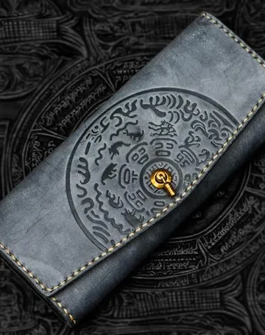 Handmade Leather Tooled Gray Women Envelope Vintage Leather Wallet Long Phone Clutch Wallets for Women