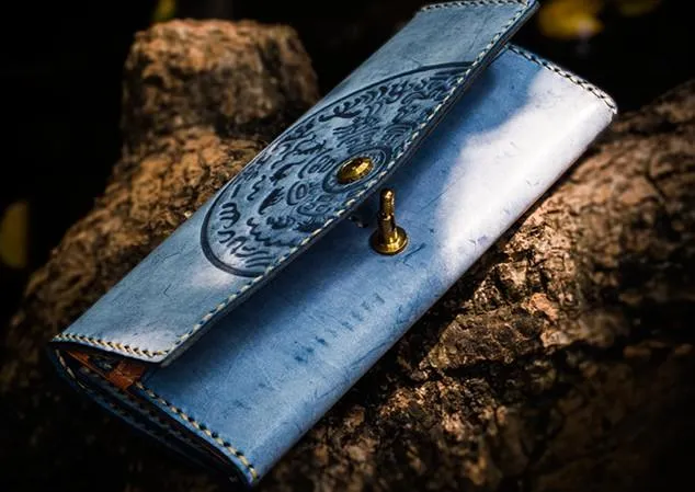 Handmade Leather Tooled Gray Women Envelope Vintage Leather Wallet Long Phone Clutch Wallets for Women