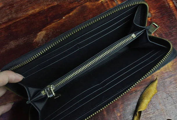 Handmade Long Leather Wallet Crocodile Style Leather Zipper Clutch Wallet For Men Women
