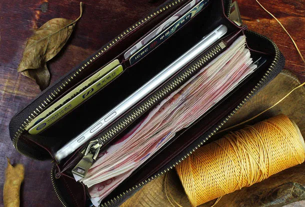 Handmade Long Leather Wallet Crocodile Style Leather Zipper Clutch Wallet For Men Women