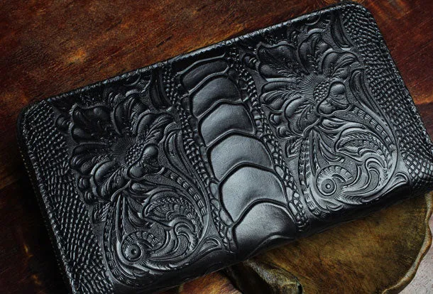 Handmade Long Leather Wallet Crocodile Style Leather Zipper Clutch Wallet For Men Women