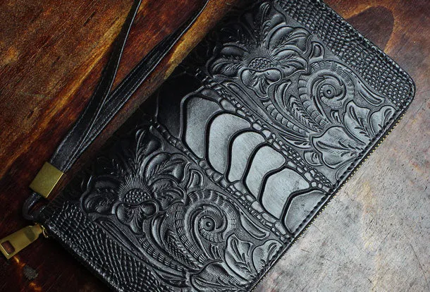 Handmade Long Leather Wallet Crocodile Style Leather Zipper Clutch Wallet For Men Women