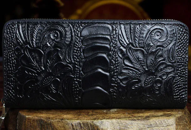 Handmade Long Leather Wallet Crocodile Style Leather Zipper Clutch Wallet For Men Women