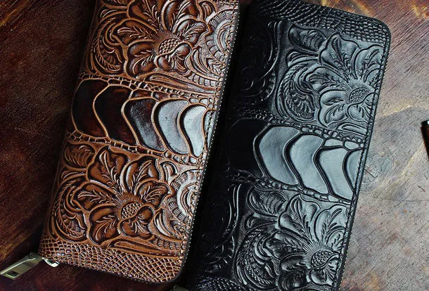 Handmade Long Leather Wallet Crocodile Style Leather Zipper Clutch Wallet For Men Women