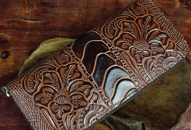 Handmade Long Leather Wallet Crocodile Style Leather Zipper Clutch Wallet For Men Women