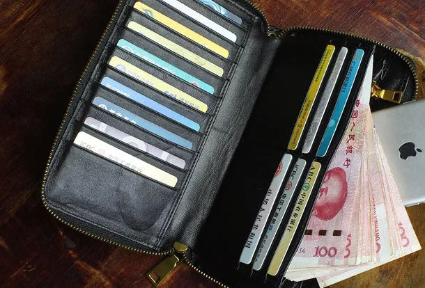 Handmade Long Leather Wallet Crocodile Style Leather Zipper Clutch Wallet For Men Women