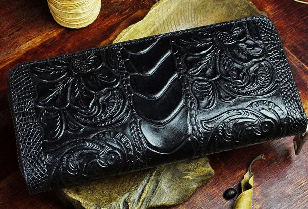 Handmade Long Leather Wallet Crocodile Style Leather Zipper Clutch Wallet For Men Women
