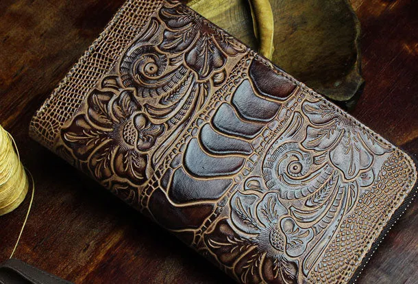 Handmade Long Leather Wallet Crocodile Style Leather Zipper Clutch Wallet For Men Women