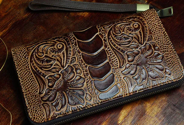 Handmade Long Leather Wallet Crocodile Style Leather Zipper Clutch Wallet For Men Women