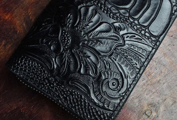 Handmade Long Leather Wallet Crocodile Style Leather Zipper Clutch Wallet For Men Women