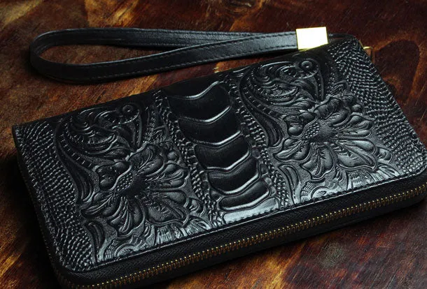 Handmade Long Leather Wallet Crocodile Style Leather Zipper Clutch Wallet For Men Women