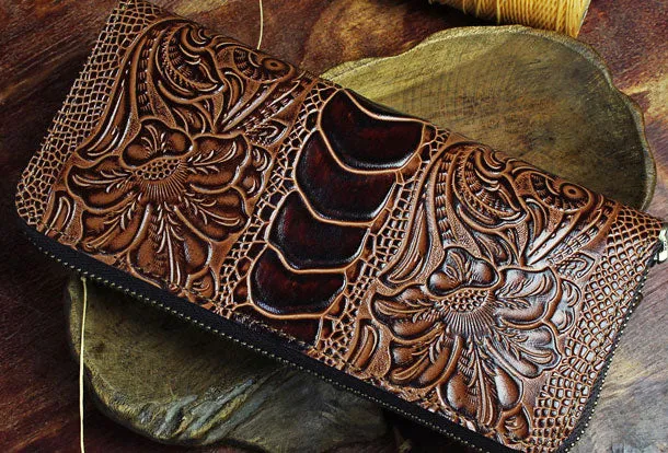 Handmade Long Leather Wallet Crocodile Style Leather Zipper Clutch Wallet For Men Women