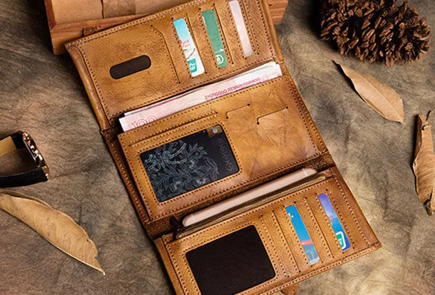 Handmade Long Leather Wallet Trifold Vintage Brown Wallet For Men Women