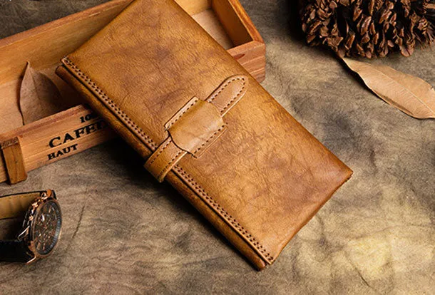 Handmade Long Leather Wallet Trifold Vintage Brown Wallet For Men Women