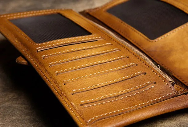 Handmade Long Leather Wallet Trifold Vintage Brown Wallet For Men Women