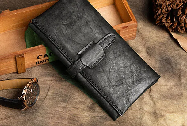 Handmade Long Leather Wallet Trifold Vintage Brown Wallet For Men Women