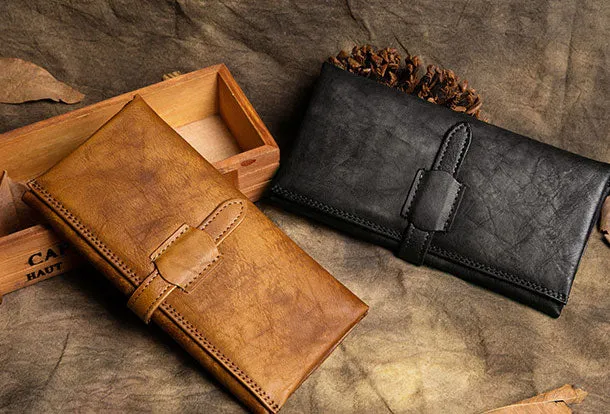 Handmade Long Leather Wallet Trifold Vintage Brown Wallet For Men Women