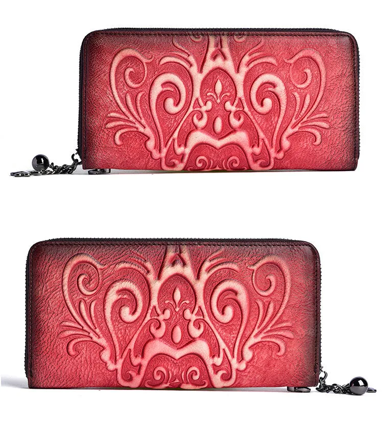 Handmade Womens Floral Coffee Leather Zip Around Wallet Wristlet Wallet Floral Ladies Zipper Clutch Wallet for Women