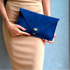 Leather Envelope Clutch In Royal Blue Suede