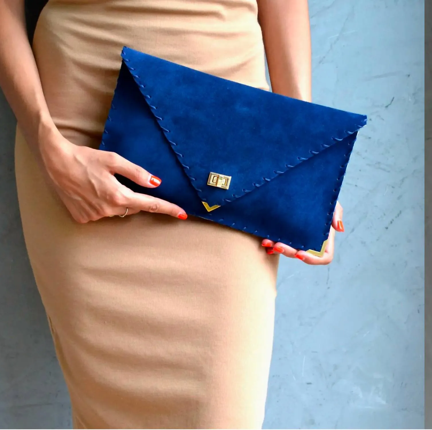 Leather Envelope Clutch In Royal Blue Suede