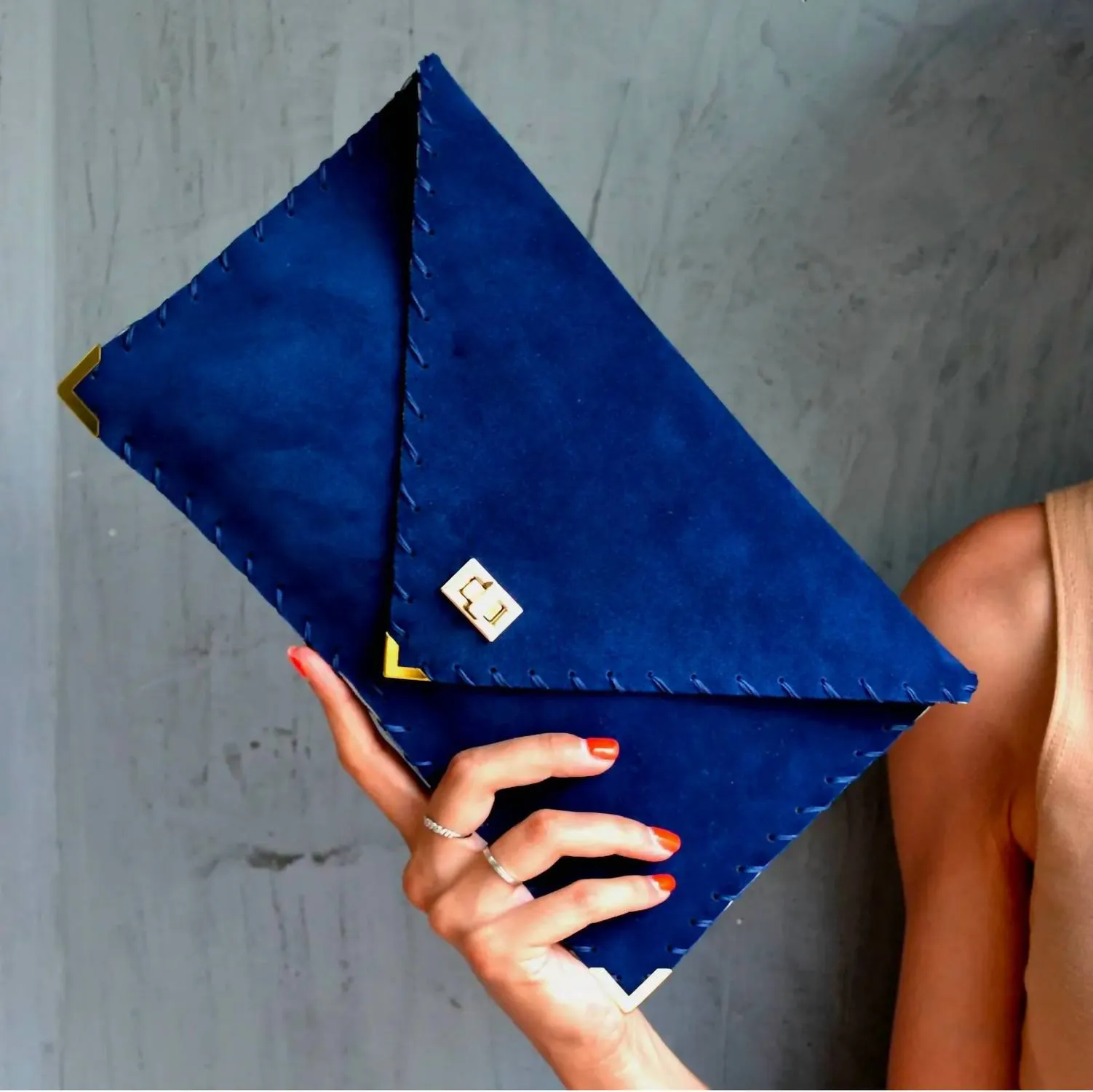 Leather Envelope Clutch In Royal Blue Suede