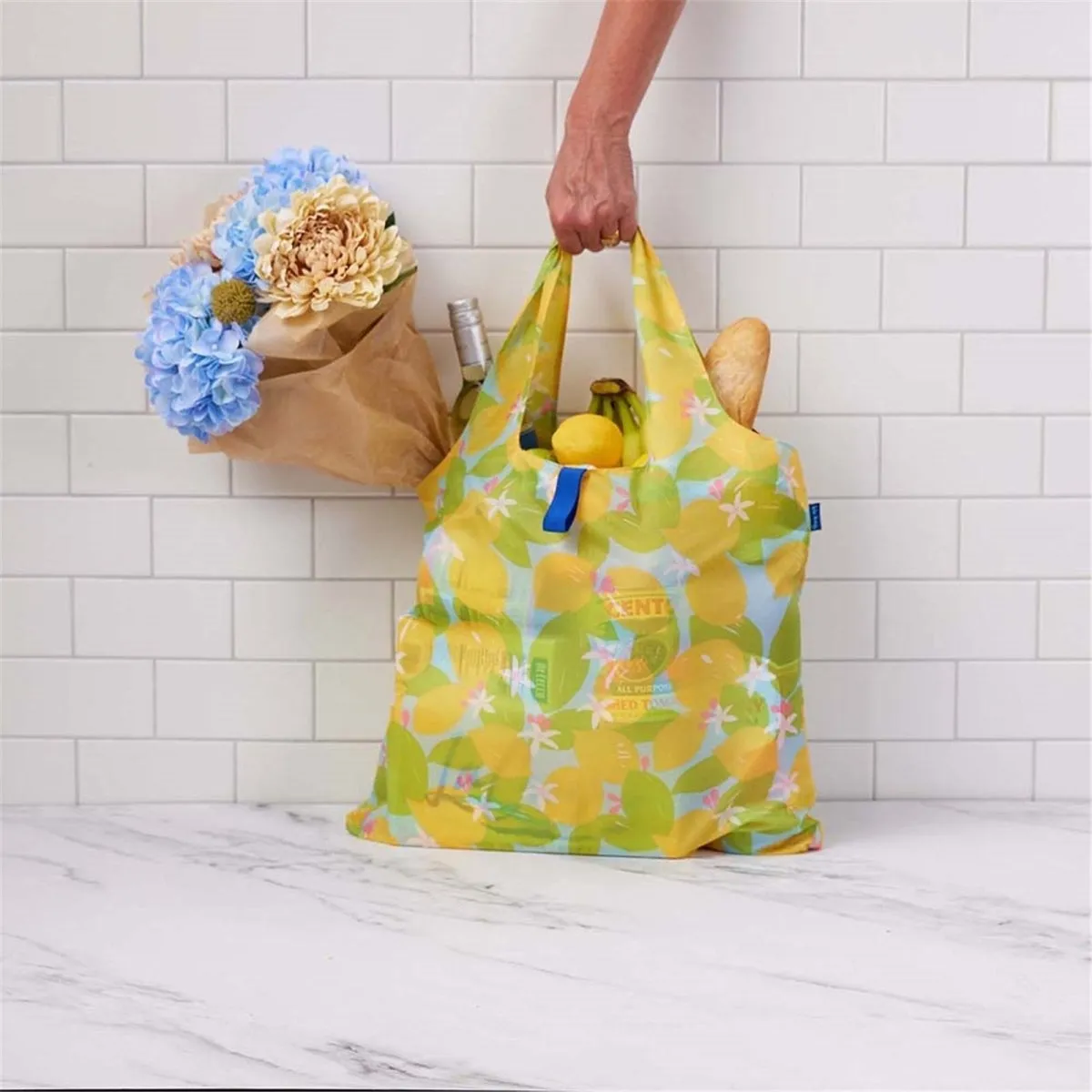 Lemon Blossoms blu Reusable Shopping Bag-Machine washable