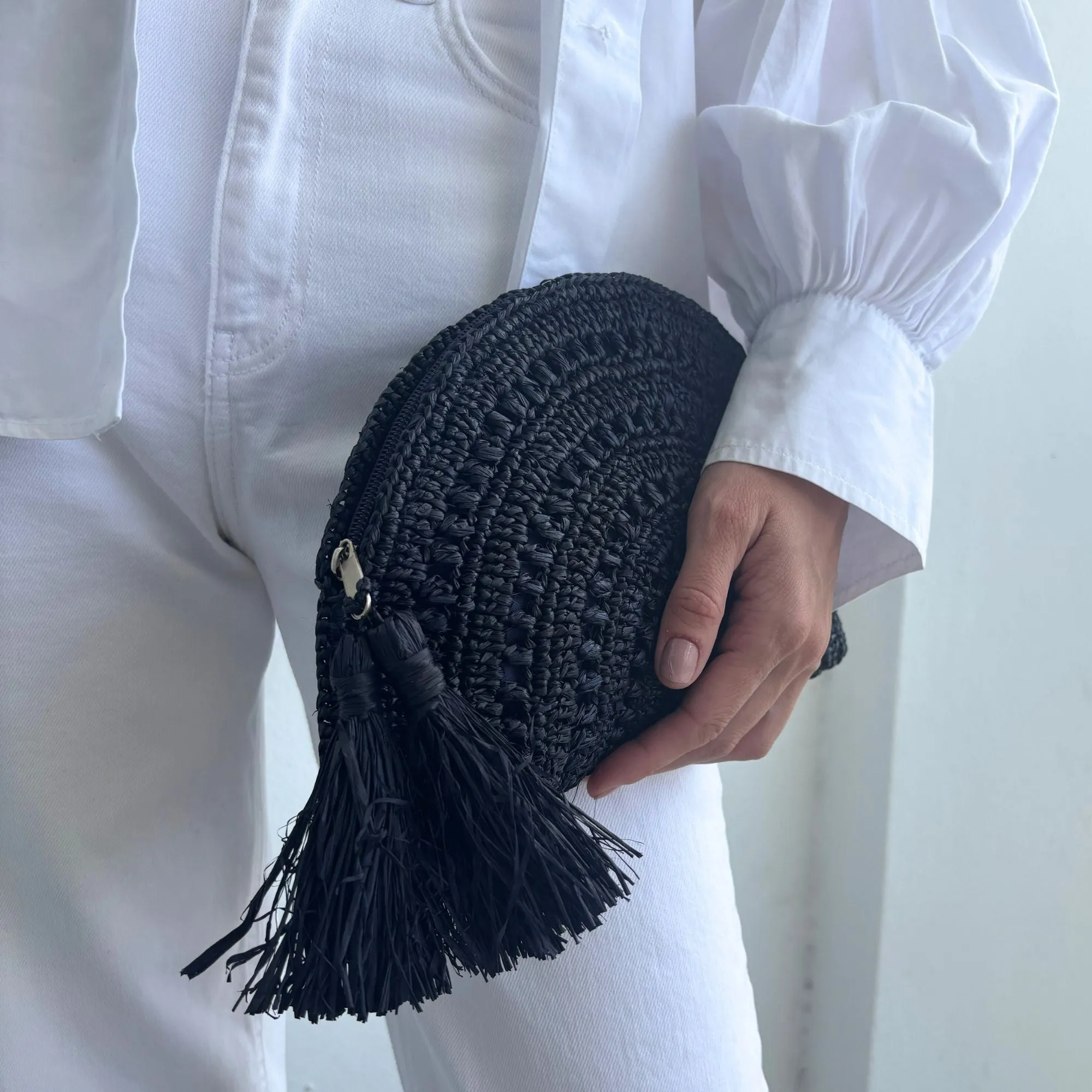 Navy Raffia Moon Clutch