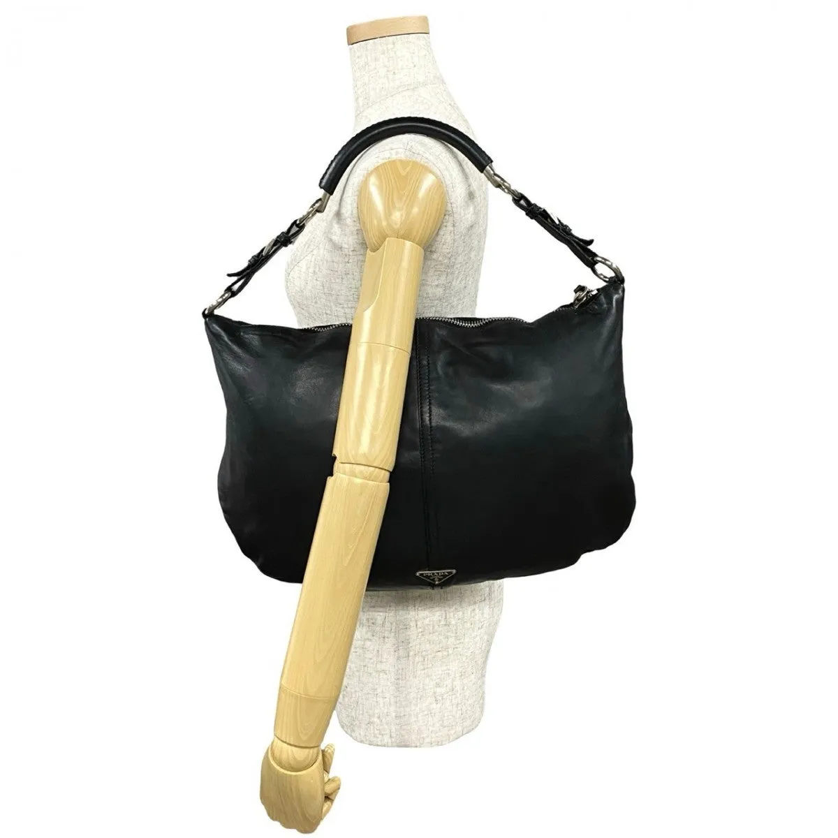PRADA Shoulder Bag leather black Triangular logo Women Used