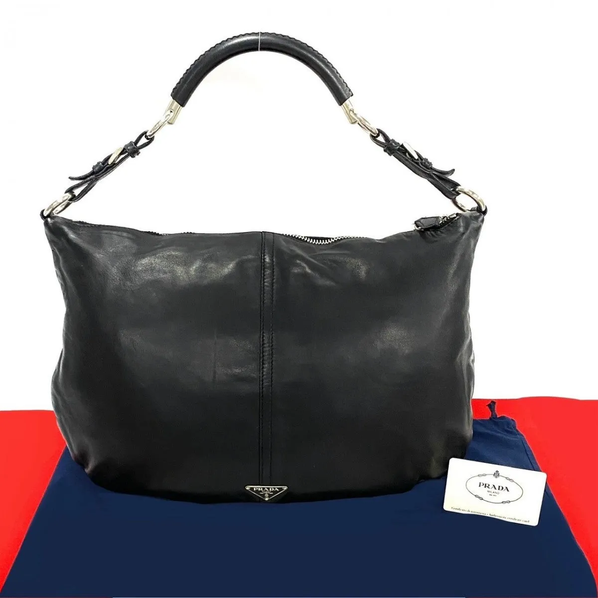 PRADA Shoulder Bag leather black Triangular logo Women Used