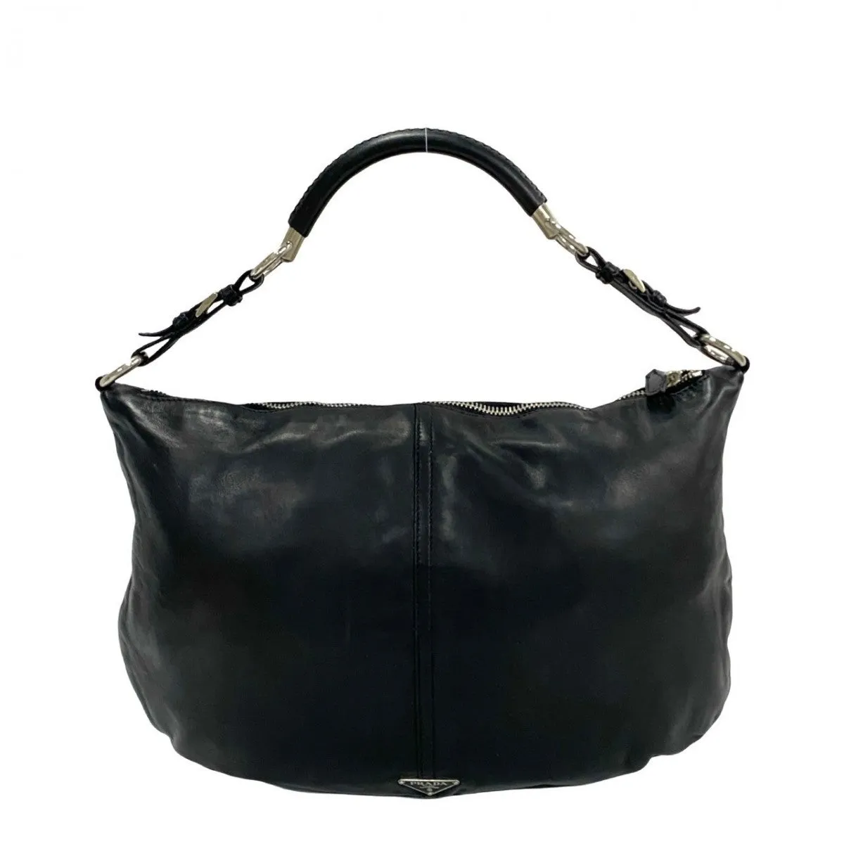 PRADA Shoulder Bag leather black Triangular logo Women Used