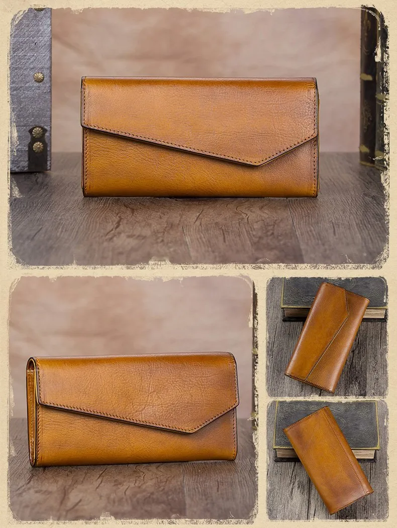 Red Vintage Womens Genuine Leather Long Folded Wallet Brown Clutch Phone Purses for Ladies