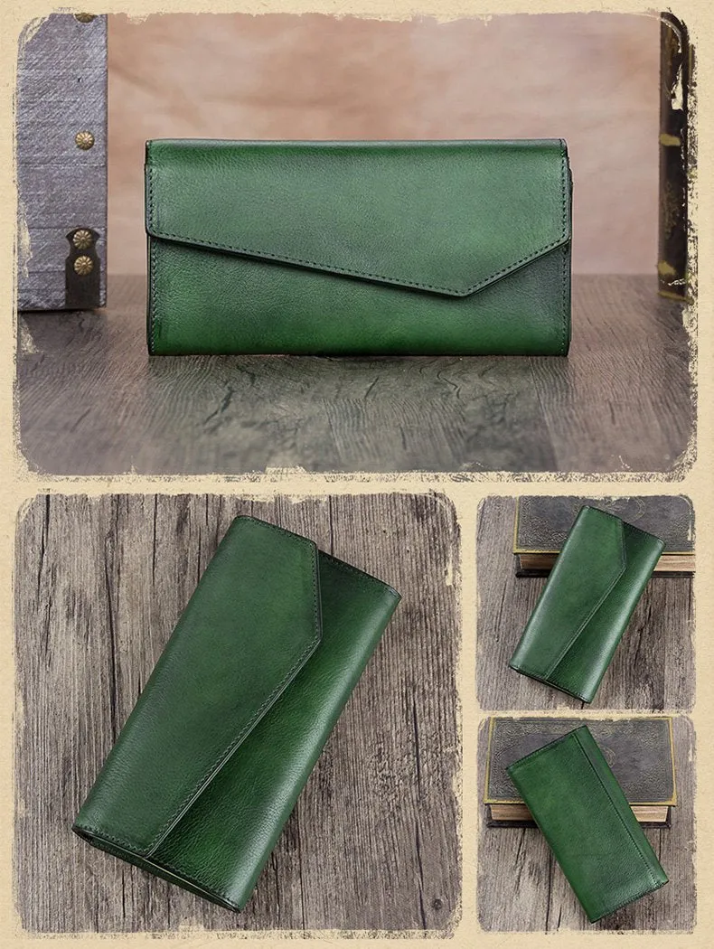 Red Vintage Womens Genuine Leather Long Folded Wallet Brown Clutch Phone Purses for Ladies