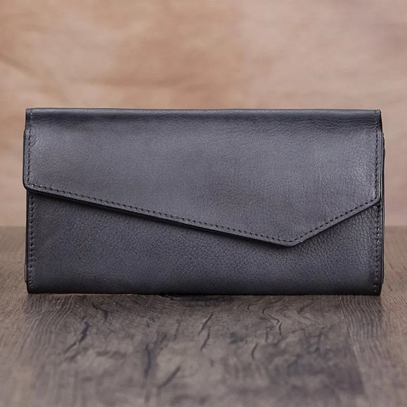 Red Vintage Womens Genuine Leather Long Folded Wallet Brown Clutch Phone Purses for Ladies