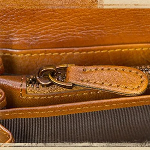Red Vintage Womens Genuine Leather Long Folded Wallet Brown Clutch Phone Purses for Ladies