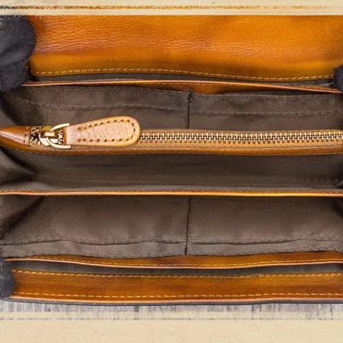 Red Vintage Womens Genuine Leather Long Folded Wallet Brown Clutch Phone Purses for Ladies