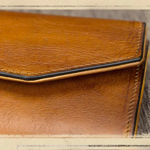 Red Vintage Womens Genuine Leather Long Folded Wallet Brown Clutch Phone Purses for Ladies