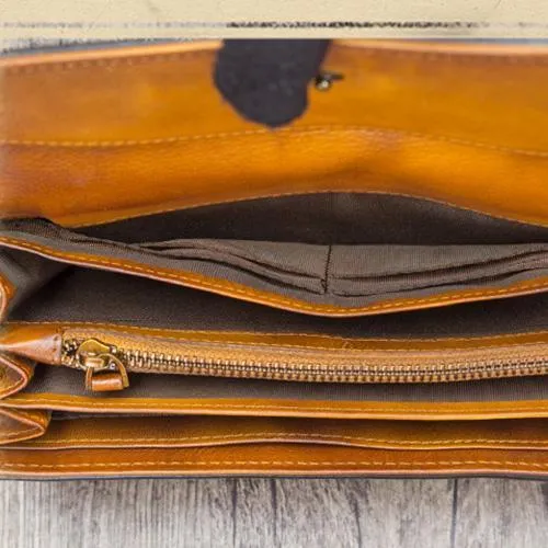 Red Vintage Womens Genuine Leather Long Folded Wallet Brown Clutch Phone Purses for Ladies