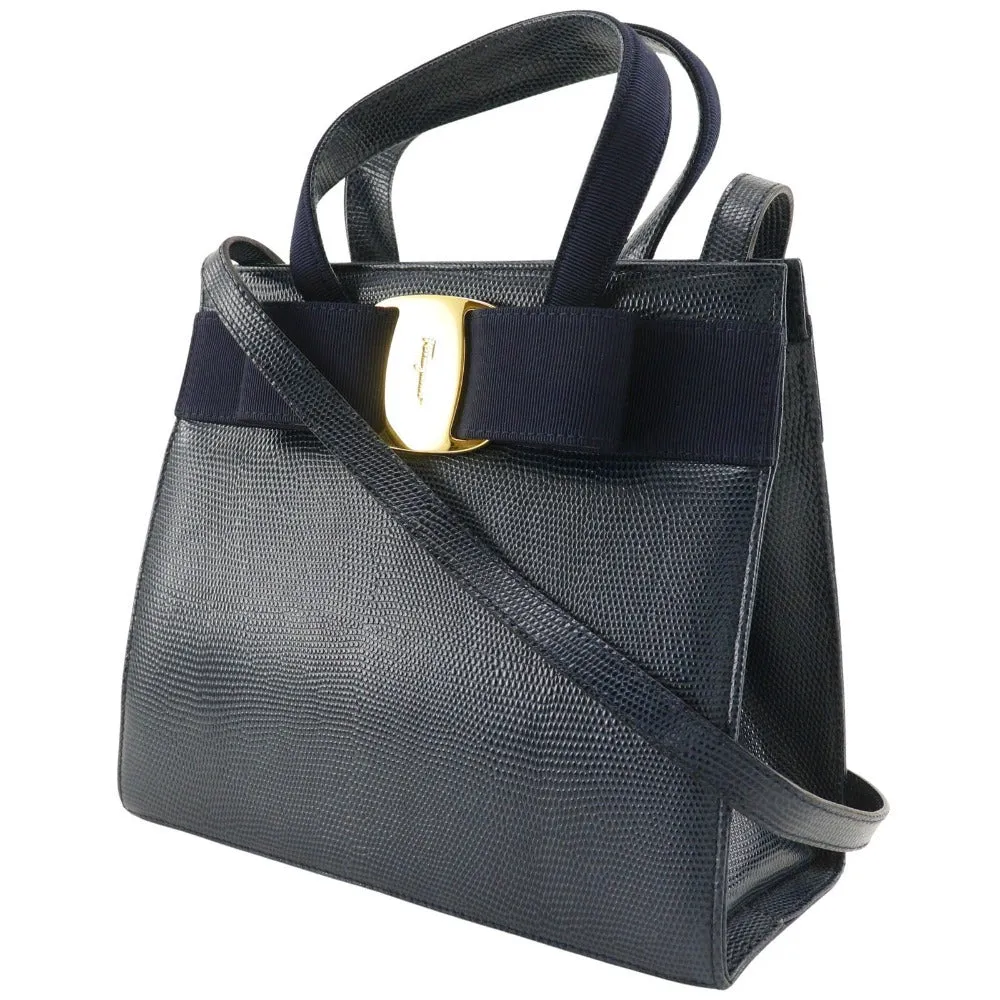 Salvatore Ferragamo Handbag BA21 4178 Embossed leather Navy blue 2WAYShoulder Vala Women Used
